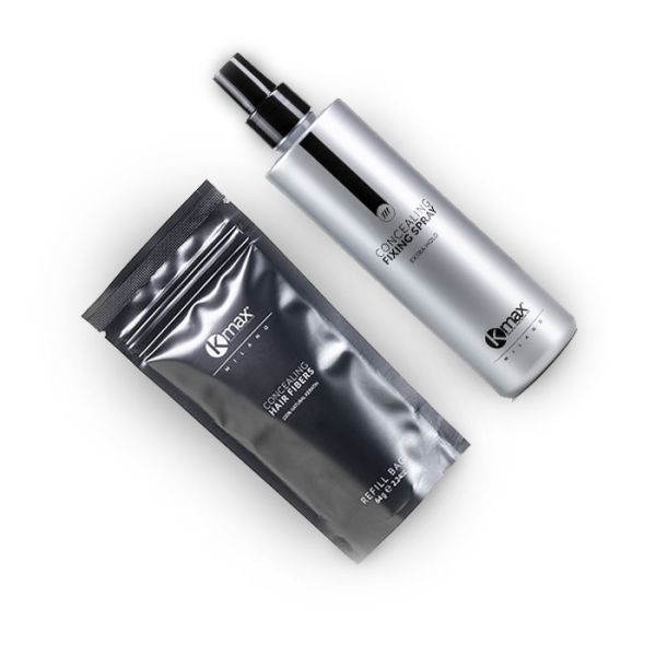 Embalagem de recarga de fibra capilar Kmax e spray fixador de 250 ml